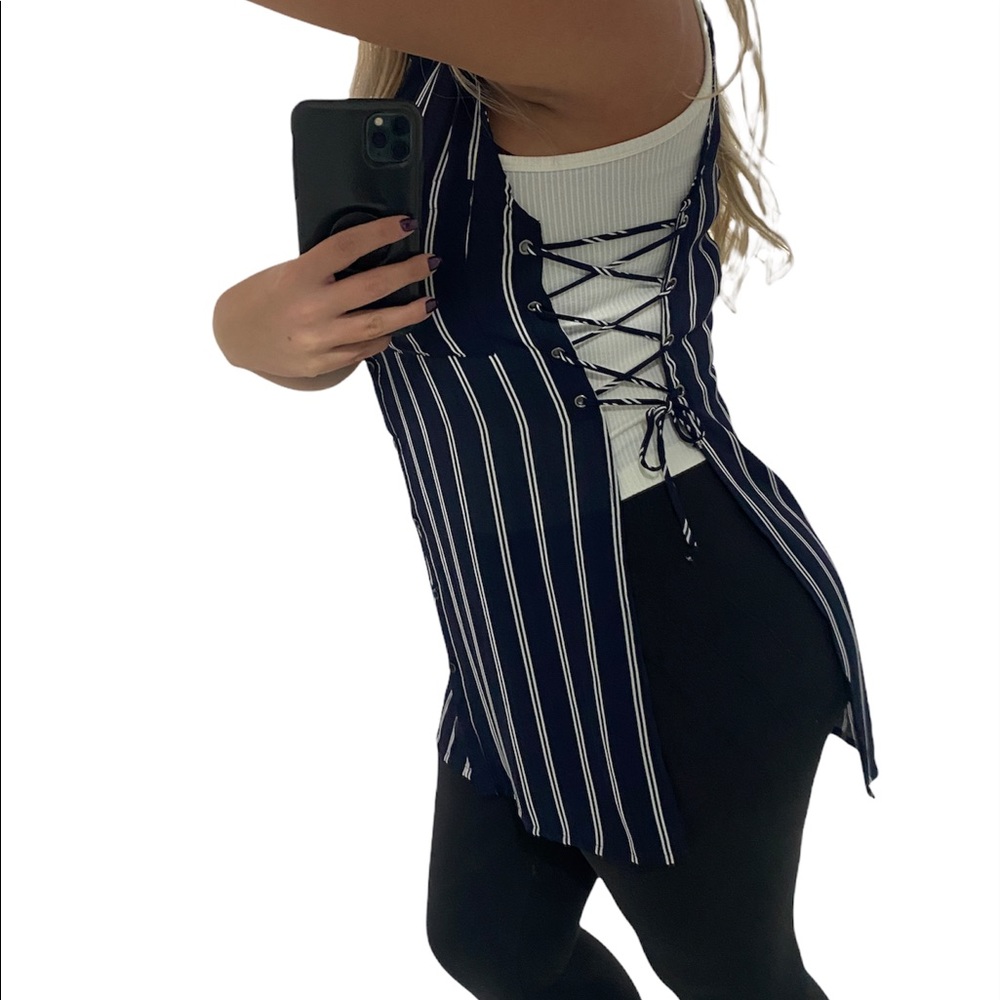 Striped Navy Blue Laced Side Tunic Top